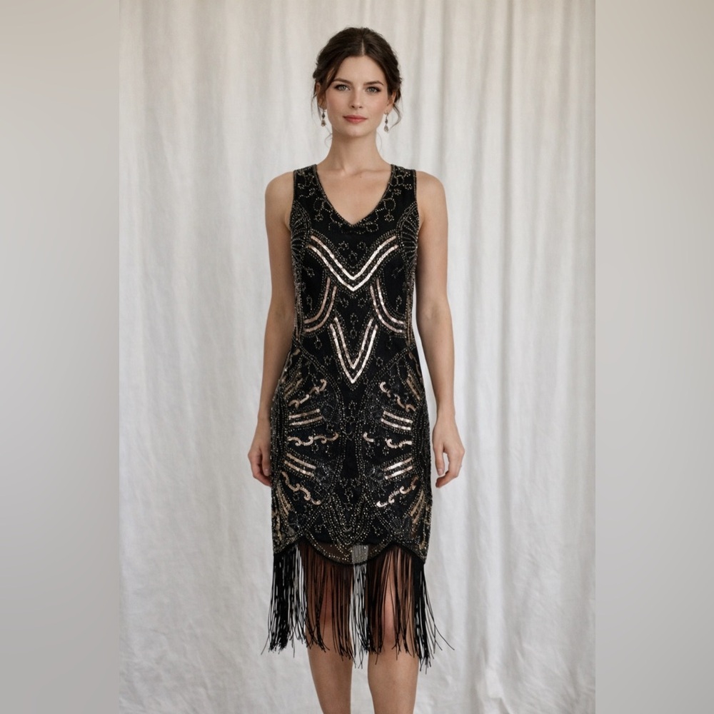 Black and Gold Starburst Flapper beaded drop waist dress
